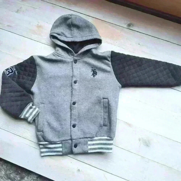US Polo Assn Graphics Logo Button Up Varsity Jacket Coat Boys Size 7 Gray - Picture 1 of 7